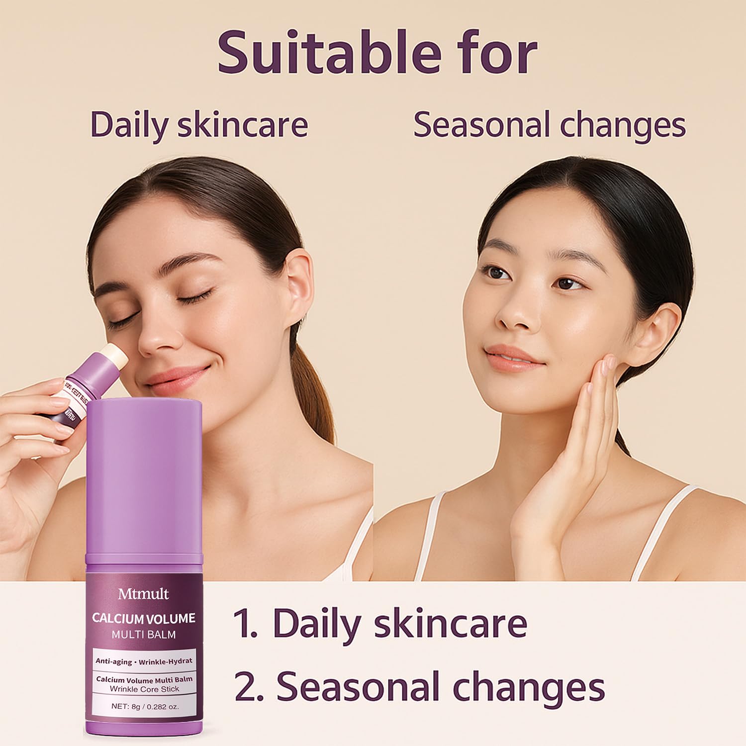Mtmult Calcium Balm Stick with Coconut Oil & Jojoba Oil - Anti-Aging, Sagging, Wrinkles | Multi-Use with Volume, Collagen (Almond, Vitamin E, 3 PCS)