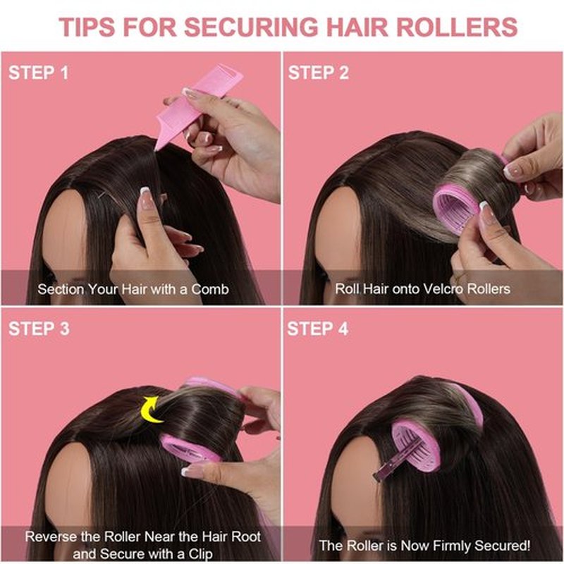 IKOCO Hair Rollers Set, 4 Sizes with 12 Clips and Comb - Self Grip Curlers for Long/Short Hair, Thermal Safe Rollers for Salon-Worthy Styling Pink