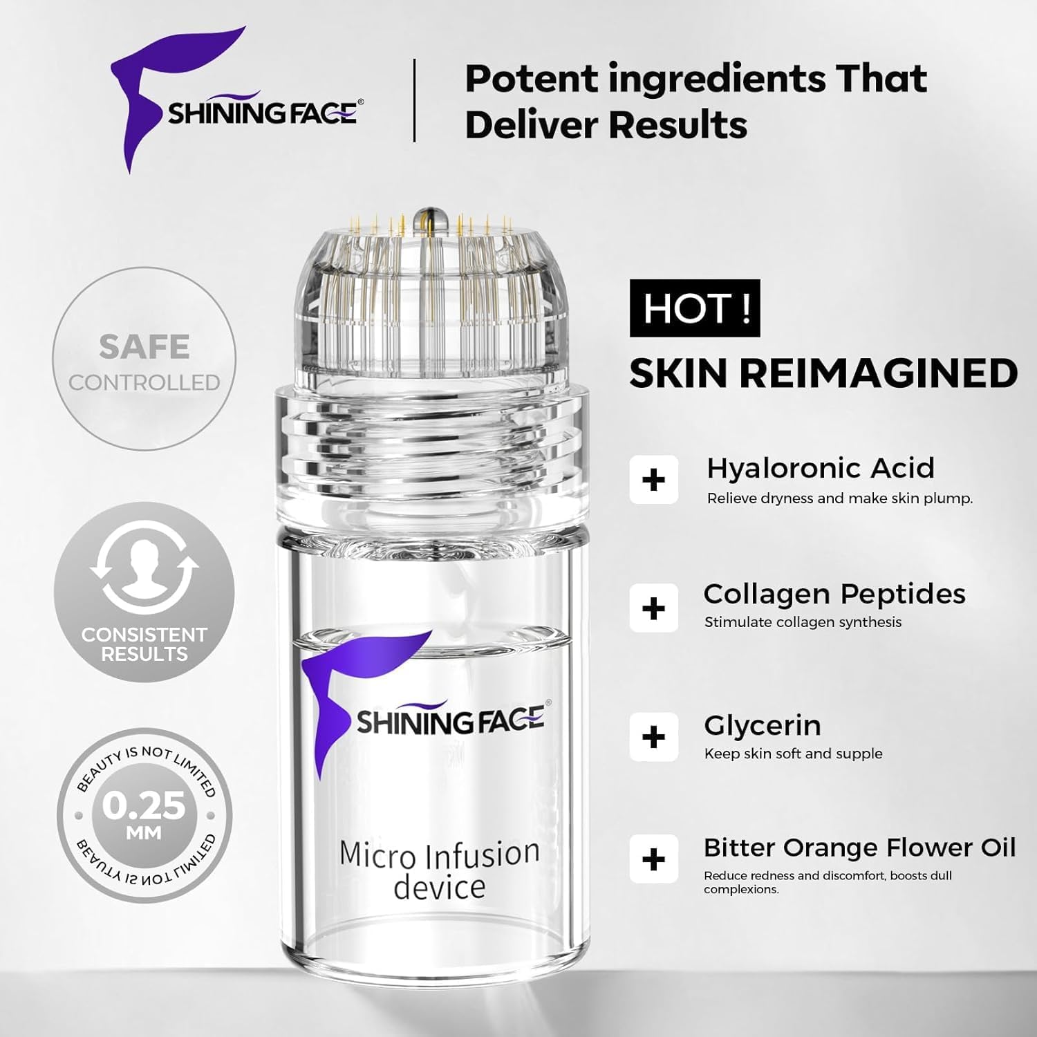 Micro Infusion System for Face & Neck-Micro Infusion Kit to Leave Skin Firmer & Smoother-0.25mm Facial Stamp with Collagen & Hyaluronic Acid Serum for At Home Glow and Anti-aging-1 Month Supply