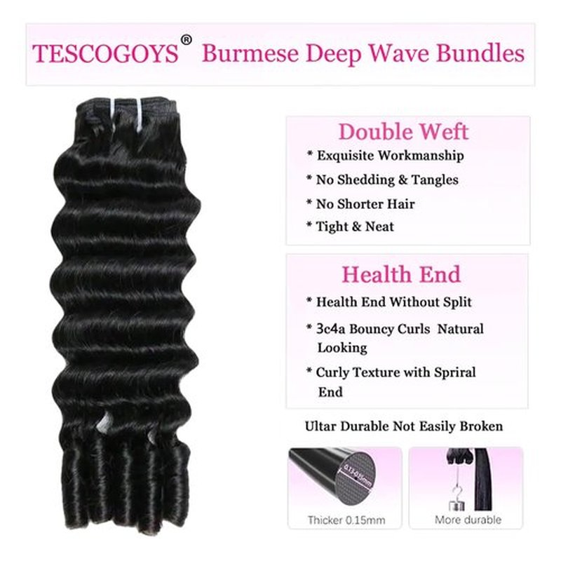 Burmese Curly Bundles Human Hair 18 20 22 Inch Brazilian Deep Wave Bundles 100% Unprocessed Virgin Hair Quick Weave Human Hair Bundles with Spiral End Human Hair Extensions Natural Black