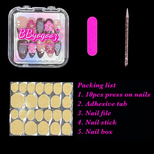 Handmade Press On Nails, 3D Floral Design, Medium Almond Shape, Pink Purple Ombre with Flower Accents, Reusable Acrylic False Nails (Grape, M Size)