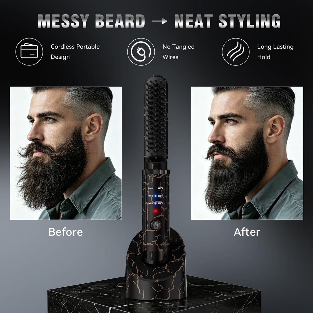 Beard Straightener for Men, Cordless Beard Heated Brush and Hair Straightener Hot Comb with 3 Temp Settings, Anti-Scald, Ionic Technology for Home Travel