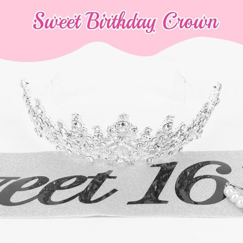 CURASA 16th Birthday Sash and Crown Silver Sweet 16 Sash 16th Birthday Tiara for Women Girls Sweet 16 Decorations Party Supplies