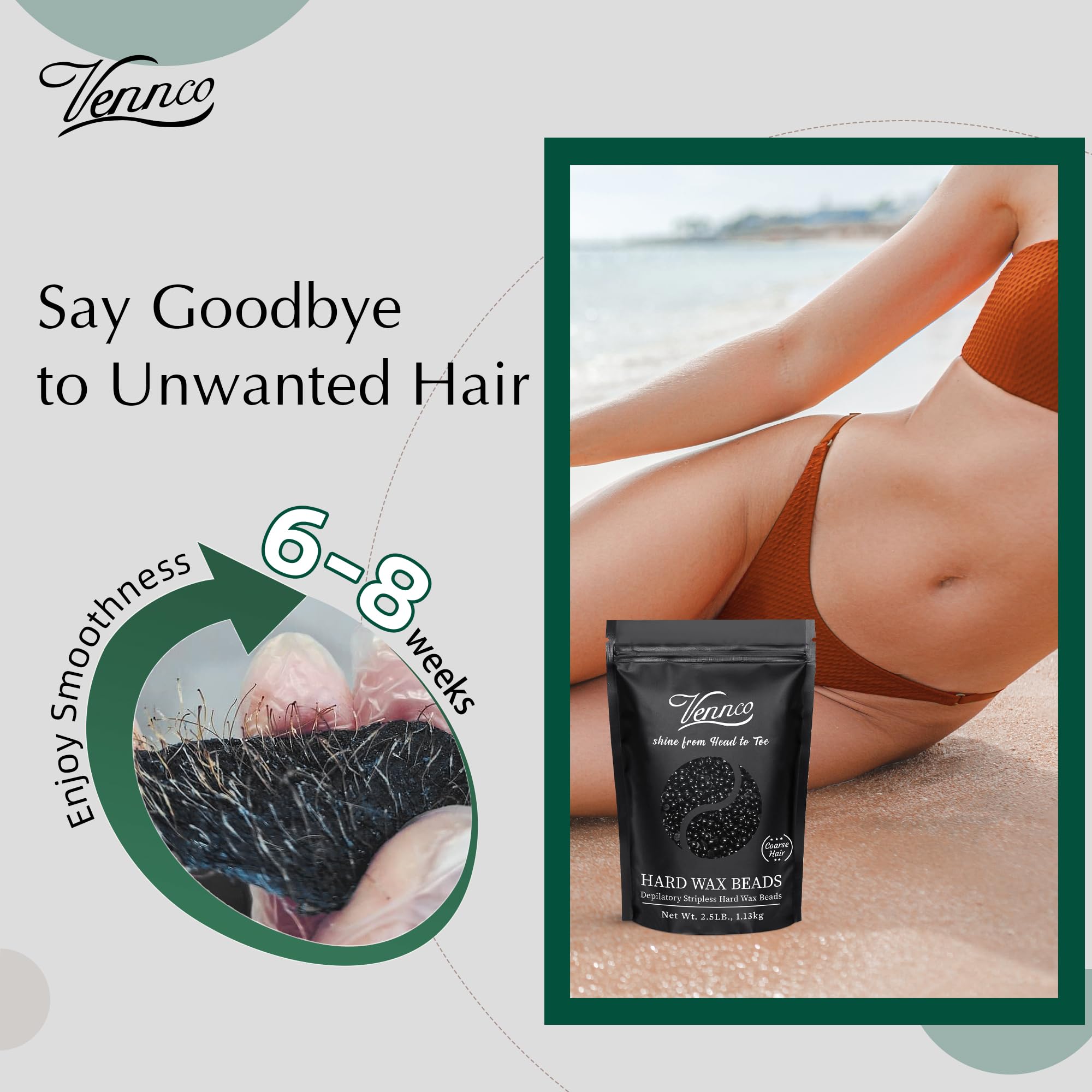 VENNCO 2.5 LB Black Hard Wax Beads for Hair Removal – Stripless Professional Hard Wax for Coarse & Thick Hair, Brazilian & Bikini Waxing, Chest, Back & Full Body Wax Beads for Home & Salon Use