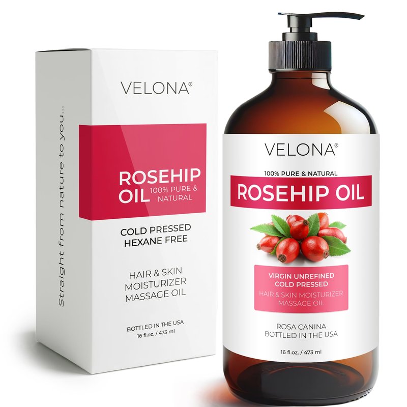 velona Rosehip Oil - 16 Fl Oz in Glass Bottle | 100% Pure and Natural Carrier Oil| Unrefined, Cold Pressed, Hexane Free | Moisturizing Face, Hair, Body, Skin Care, Stretch Marks, Scars…