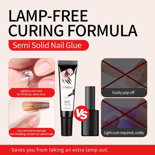 Nelrona Semi Solid Nail Glue 10ml for Press On Nails with 10ml Remover Kit Nail Tips Glue Gel - No Lamp Needed, Quick Drying, Long Lasting 30+ Days for Fake Acrylic Nails