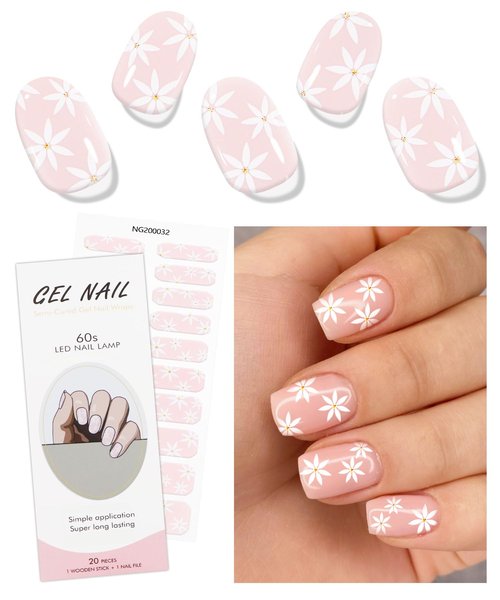JMEOWIO Gel Nail Stickers Cream Pink White Flower Semi Cured Gel Nail Strips Wraps UV/LED Nails Art Design Decoration Accessories
