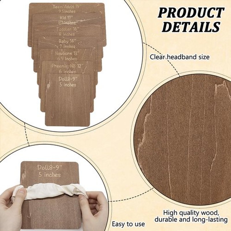 FINGERINSPIRE 7 Pcs Wooden Head Band Hair Bow Size Guide Measuring Boards 7 Size Camel Color Rectangle Headwraps Size Guide Measuring Templates Bow Tie Boards for Woman Hair Bows Gift Bows DIY