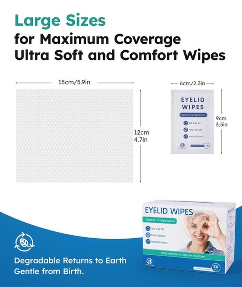 Eyelid Cleansing Wipes for Dry Eye & Blepharitis, Tea Tree Oil Hypoallergenic Eye Wipes for Sensitive Itchy Eyes, Individually Wrapped Eyelid WipesTravel Essentials (30 Count)