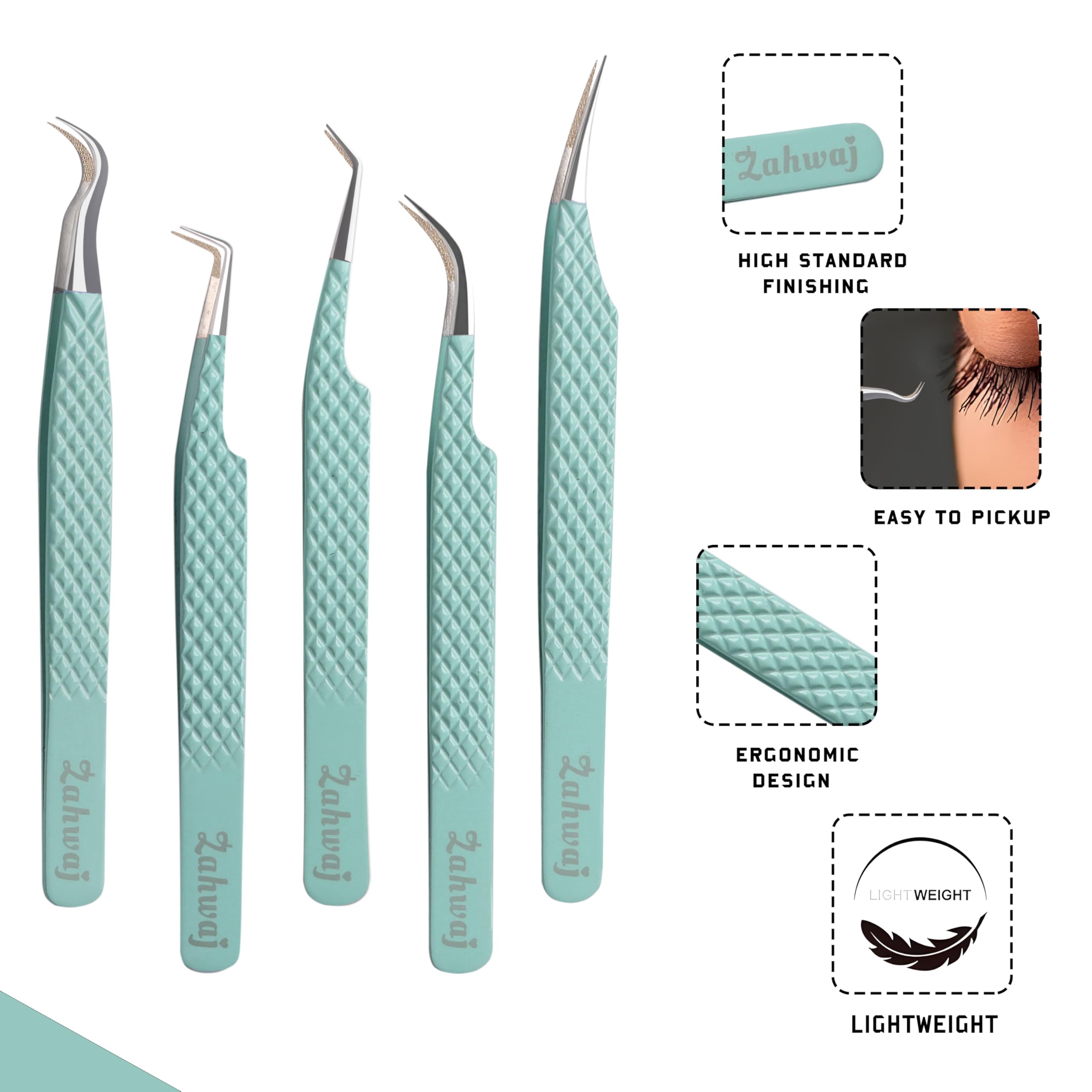 ZAHWAJ Fiber Tip Lash Tweezers - Set of 5 Diamond Grip Eyelash Extension Tweezers, Japanese Stainless Steel Tweezers Set for Volume, Isolation & Classic Lashes (Light Green)