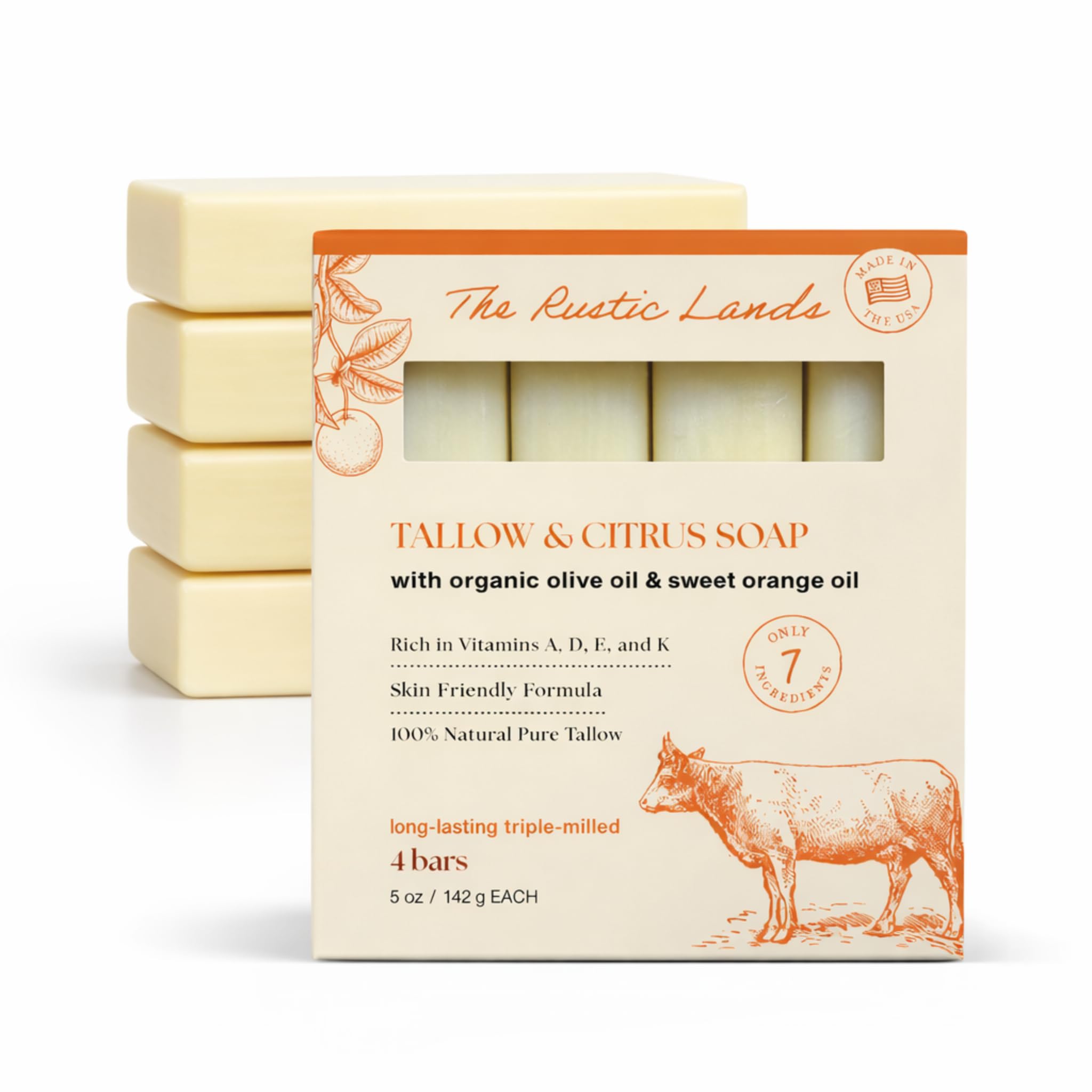 THE RUSTIC LANDS Beef Tallow Soap Bars – Natural Moisturizing Bar Soap with Citrus Scent – Gentle Soap for Sensitive Skin Face & Body – Made in USA – Tallow & Citrus Soap - 4 Pack (5 oz Each)