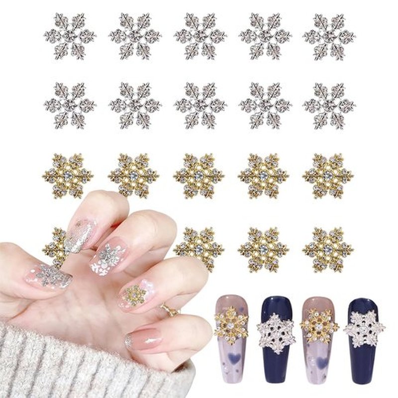 20Pcs Christmas Snowflake Nail Charms and Gems Gold Silver Alloy Snowflake Xmas Nail Art Charms Rhinestone Jewelry for Women DIY Winter Christmas Holiday Party Nail Decoration Supply