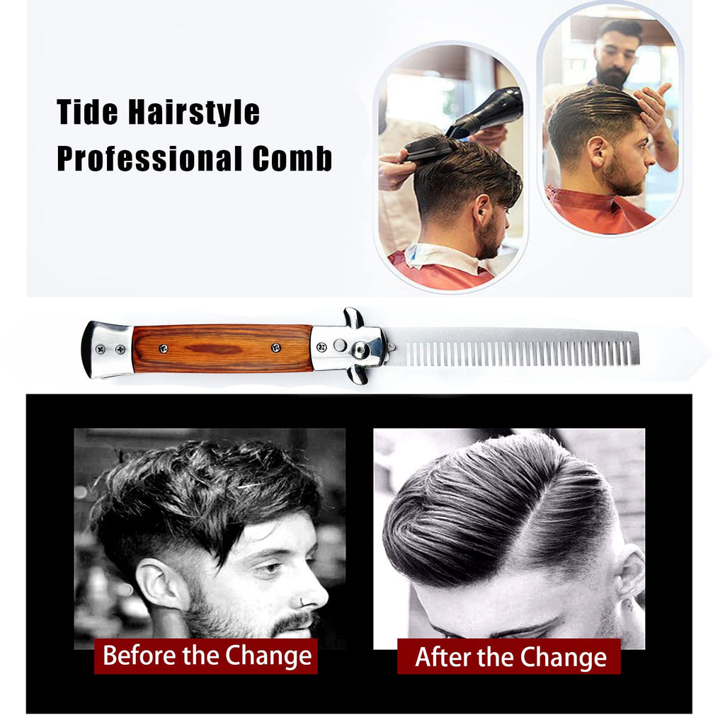 Folding Pocket Comb, Stainless Steel Beard Comb for Men, Switchblade Fine Tooth Mustache Combs Designed for Hair Salon Beauty Tool (Wood Color)
