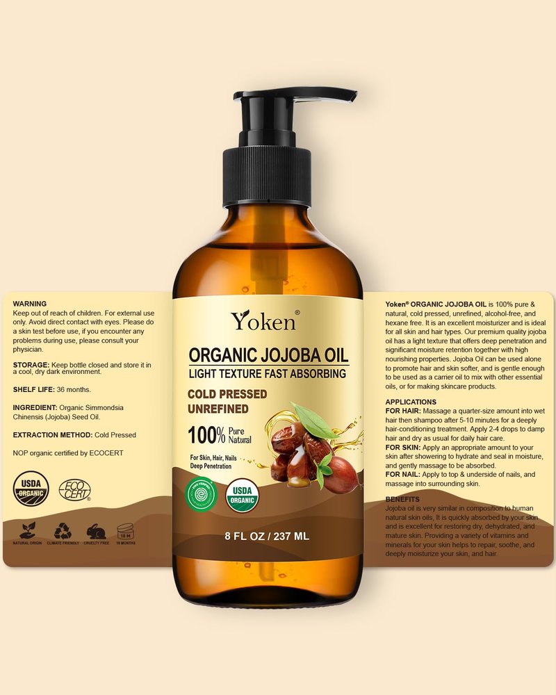 Yoken Organic Jojoba Oil - 100% Pure & Natural Cold Pressed Oil | 8 fl oz Glass Bottle for Hair, Skin & Face