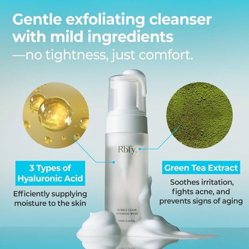 Rbfy. Bubble Clear Foaming Wash - Korean Daily Gentle Cleanser with Micro-Bubble | Salicylic Acid & Plant Extracts for Acne-Prone Skin, Deep Pore Cleaning & Exfoliation | Korean Skincare (5.24 fl oz)