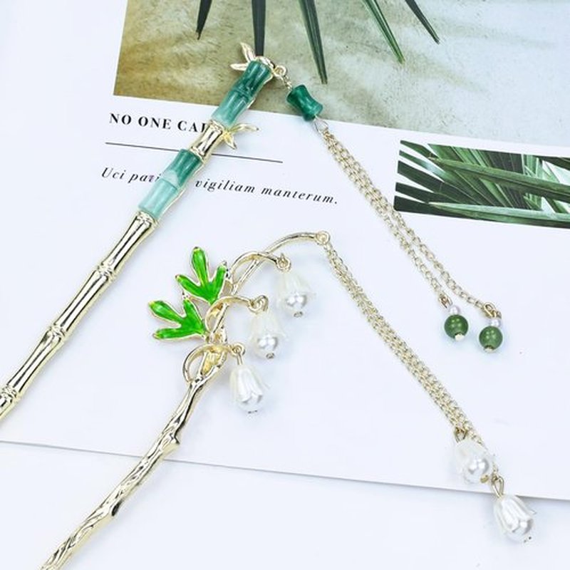 inSowni 8 Pieces Vintage Retro Asian Chinese Hanfu Gold Metal Hair Sticks Pins with Pearl Pendants Bamboo Leaf Flower Fishtail Hair Chopsticks Forks Bun Updo Holders Long Hairpins for Women Girls