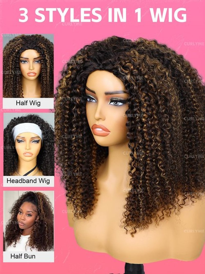 Curlyme Ombre Honey Blonde Kinky Curly Half Wig Human Wear and Go Glueless Install Flexible Fit 3 In 1 2/30 Color Half Wig Flip Over Invisible Hairline 18 Inch