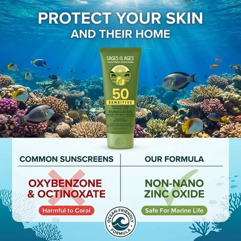 Organic Tallow Mineral Sunscreen SPF 50 with Non-Nano Zinc Oxide — Reef Safe UVA/UVB Broad Spectrum Sunblock, Water Resistant 80 Min, Moisturizing Lotion for Face & Body, 3.4 fl oz