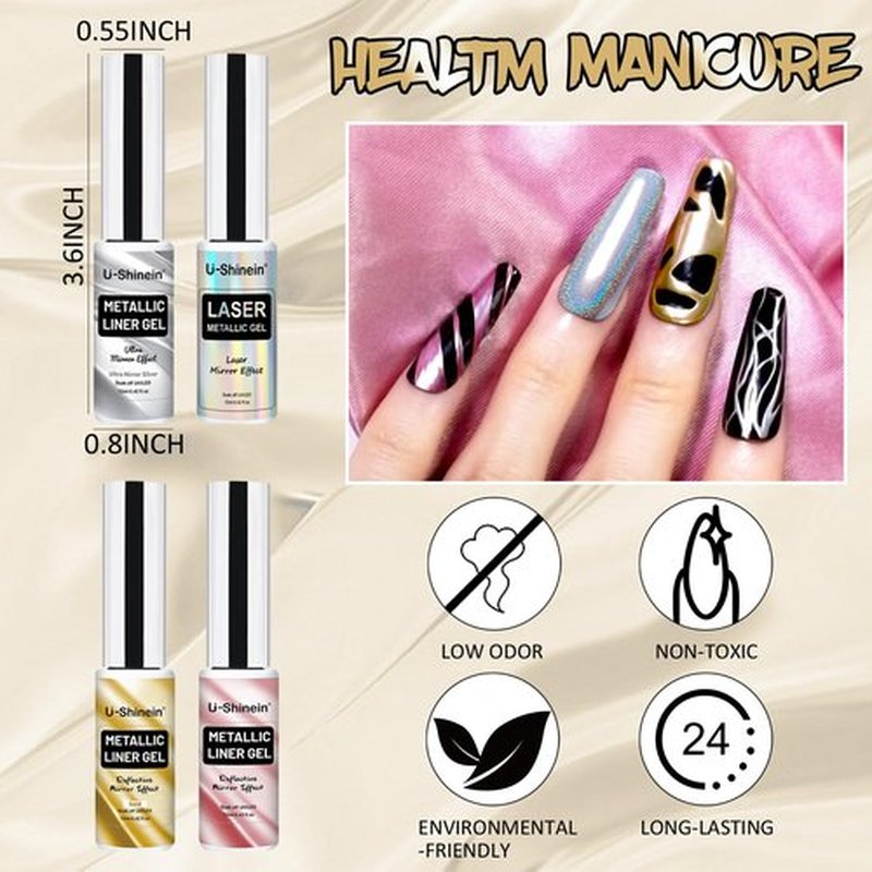 U-Shinein 4x12ml Metallic Mirror Painting Liner Gel Polish Set, Mirror Chrome Holographic Laser Effect Painted Nail Polish, Metal Drawing Striper Gel Build in Thin Brush Nail Art Manicure Set