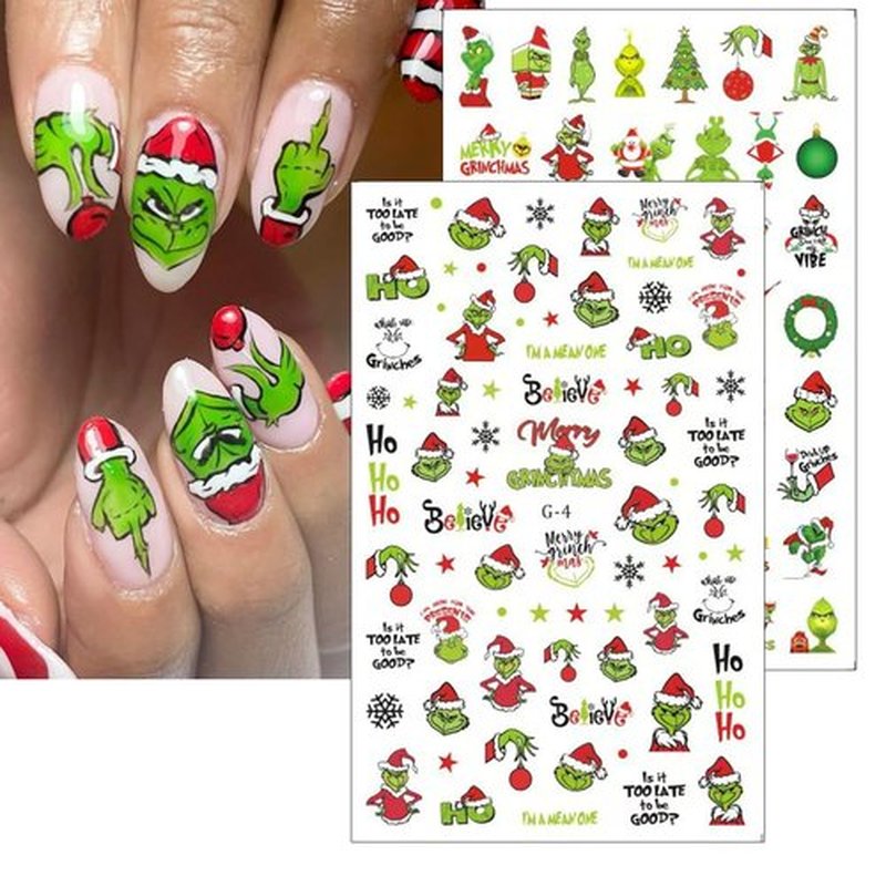 Christmas Nail Stickers for Nails Art, Xmas Cartoon Nail Art Stickers Decals Funny Cute Green Monster Nails Design Decals 3D Self-Adhesive Nail Supplies for Women Christmas Manicure Accessories,5Pcs