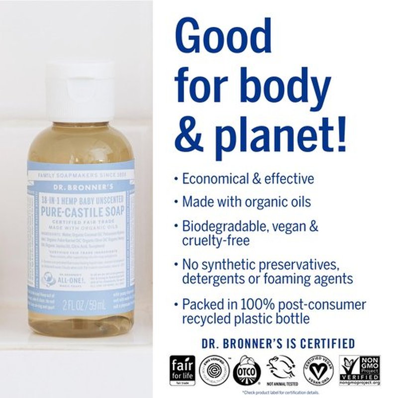 Dr. Bronner's - Pure-Castile Liquid Soap (Baby Unscented, 2 ounce, 2-Pack) - Made with Organic Oils, 18-in-1 Uses: Face, Body, Hair, Laundry, Pets and Dishes, Concentrated, Vegan, Non-GMO
