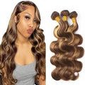 GLSMOSNW Highlight Body Wave Bundles P4/27 Human Hair Bundles 20 22 24 Inch Unprocessed Brazilian Virgin Human Hair Extensions Two Tone Brown And Blonde Ombre Bundle