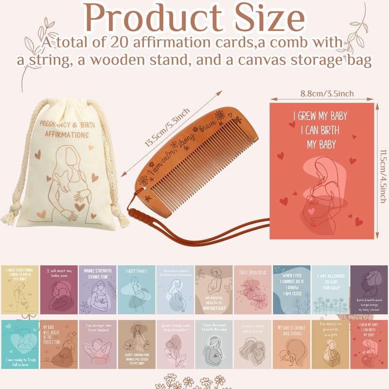 Yungyan 23 Pcs Birthing Comb Gifts Set Includes Wooden Labor Comb Pregnancy Birth Affirmation Cards Canvas Bag for Pregnant Women Labor Pain Relief Essentials, New Mom Positive Encouragement Gifts