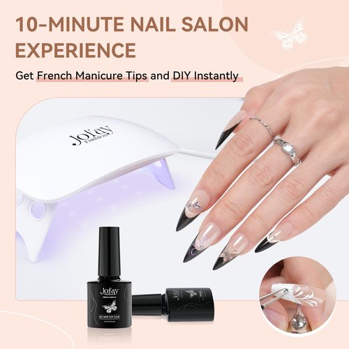 French Gel Nail Tips Kit, Jofay Fashion 240Pcs Stiletto French Tip Press on Nails Long, Natural Fake Nails Pre-Base Coat & Black French Tips with 30g Solid Nail Glue Gel for x Coat Press on Nails