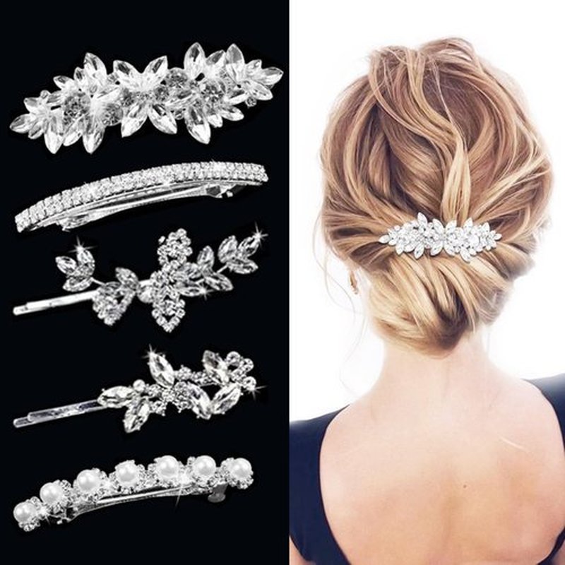 Fireach Hair Barrettes for Women Crystal Rhinestones Hair Clips for Thin Thick Hair Pins French Hair Accessories White Sparkly Wedding Hair Jewelry for Women