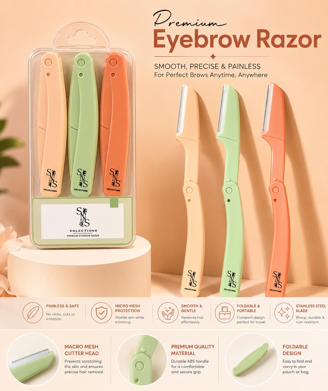 SNS Collections Dermaplane Razor for Women, Face Razor & Eyebrow Trimmer, Facial Hair Remover, Peach Fuzz Remover, Exfoliating Facial Razor with Protective Cover, Safe Precision Blade, Pack of 3