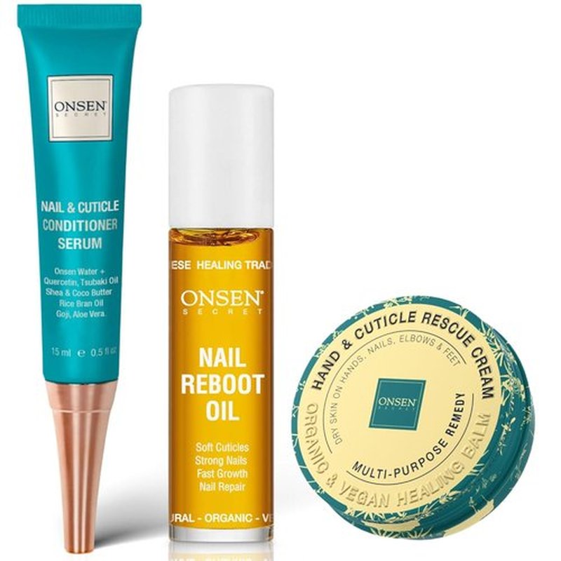 Onsen Nail & Cuticle Rescue Kit - Strengthening Serum, Repair Oil & Balm | Tsubaki, Shea Butter, Jojoba - Hydrates & Softens (15ml Serum + 10ml Oil + 32.5ml Cream)