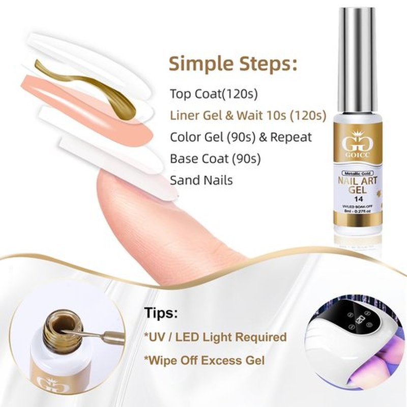 Metallic Gel Nail Polish Gold Gel Liner For Nail Art Chrome Silver Nail Polish 8ml 2 PCS 3D Mirror Chrome Effect Painting with Thin Brush French Nail Design Curing Requires (Metallic Sliver Gold)
