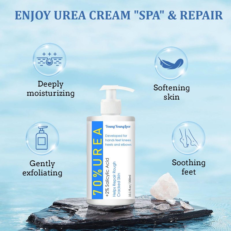 YOUNGYOUNGLOVE 10.1 Oz - Urea Cream 70% plus Salicylic Acid 2% for Dry Cracked Feet, Heels, Knees, Elbows and Hands, Moisturizes, Softens and Removes Calluses Dead Skin (10.1 oz, 70%)