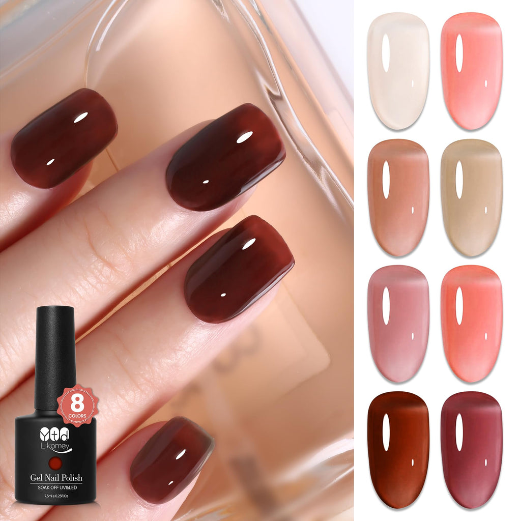YTD Likomey Nude Gel Nail Polish Set,Fall Winter 8 Colors Translucent Neutral Jelly Sheer Rose Pink Brown Maroon Skin Tone Dark Cherry Red Manicure UV Color Nail Color Varnish Kit,7.5 ml