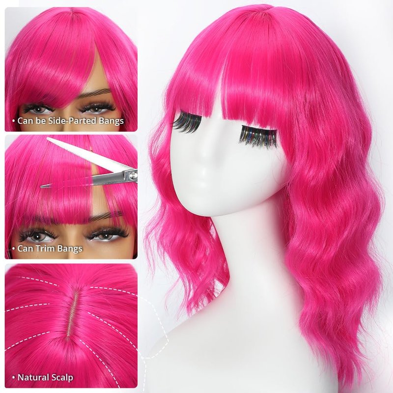 Ucubb Short Bob Wavy Wig with Bangs for Women Loose Curly Wig Look natural Shoulder Length Bob Synthetic Cosplay Wig for Girl Colorful Costume Wigs