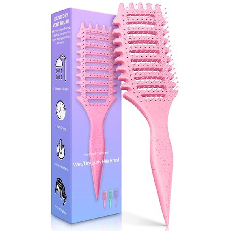 Curly Hair Brush for Women & Men, 4-in-1 Curl Defining & Detangling Brush – Anti-Frizz Anti-Static Styling Brushes with Crescent Shape & Ultra-Smooth Bristles, Wet Dry Hairbrush (Pink)