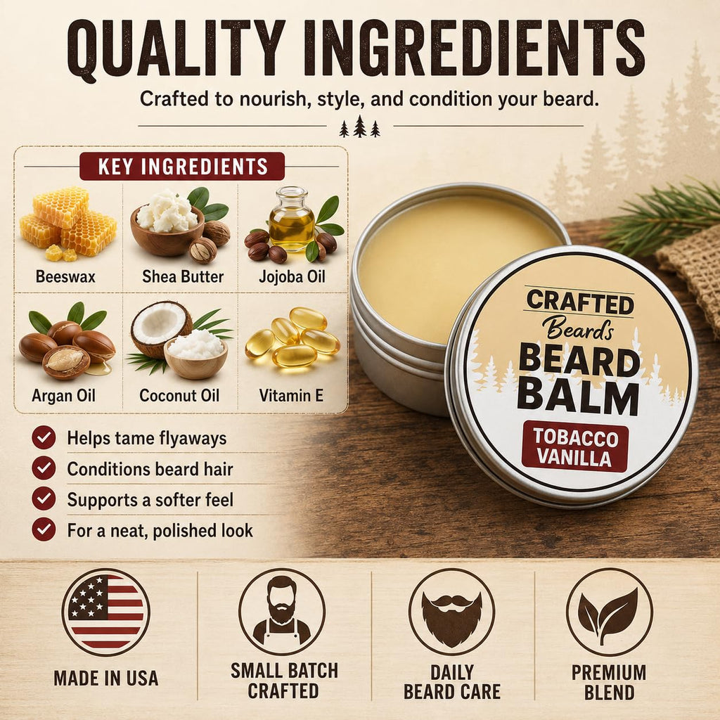 Crafted Beards Beard Balm - Tobacco Vanilla Scent - 2oz Tin - Beard Wax - Light Hold - (TV)