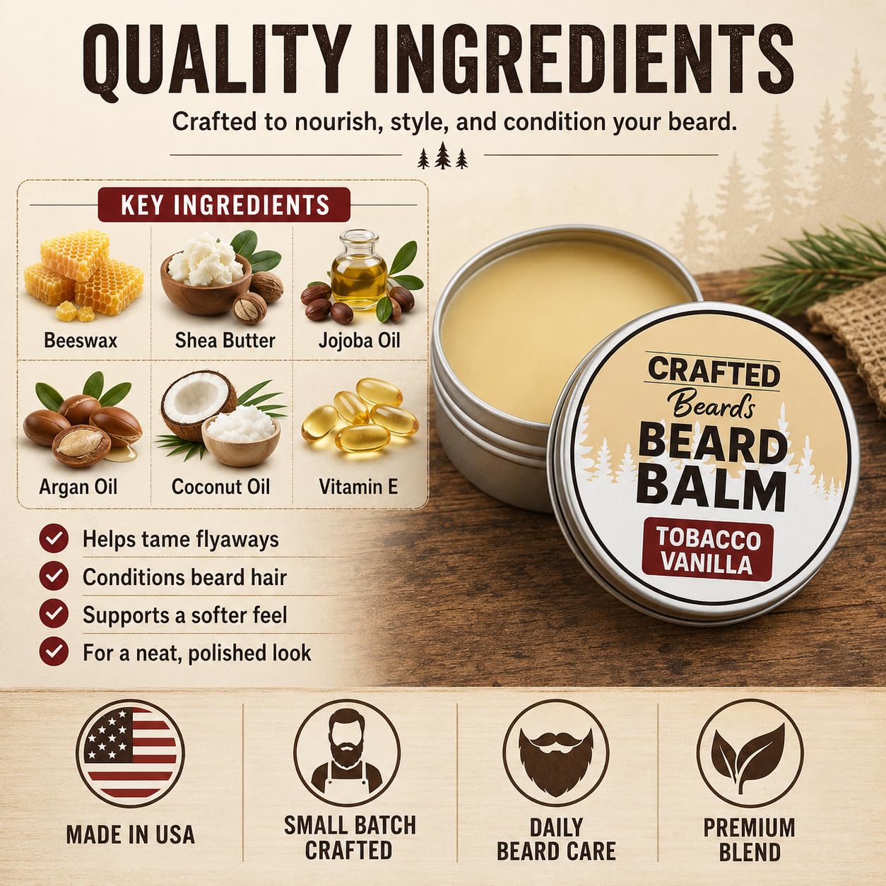 Crafted Beards Beard Balm - Tobacco Vanilla Scent - 2oz Tin - Beard Wax - Light Hold - (TV)
