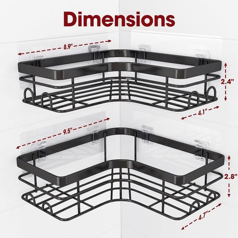 Sakugi Corner Shower Caddy | 2-Pack Rustproof Stainless Steel Organizers with 8 Hooks - No Drilling, Space-Saving, Black