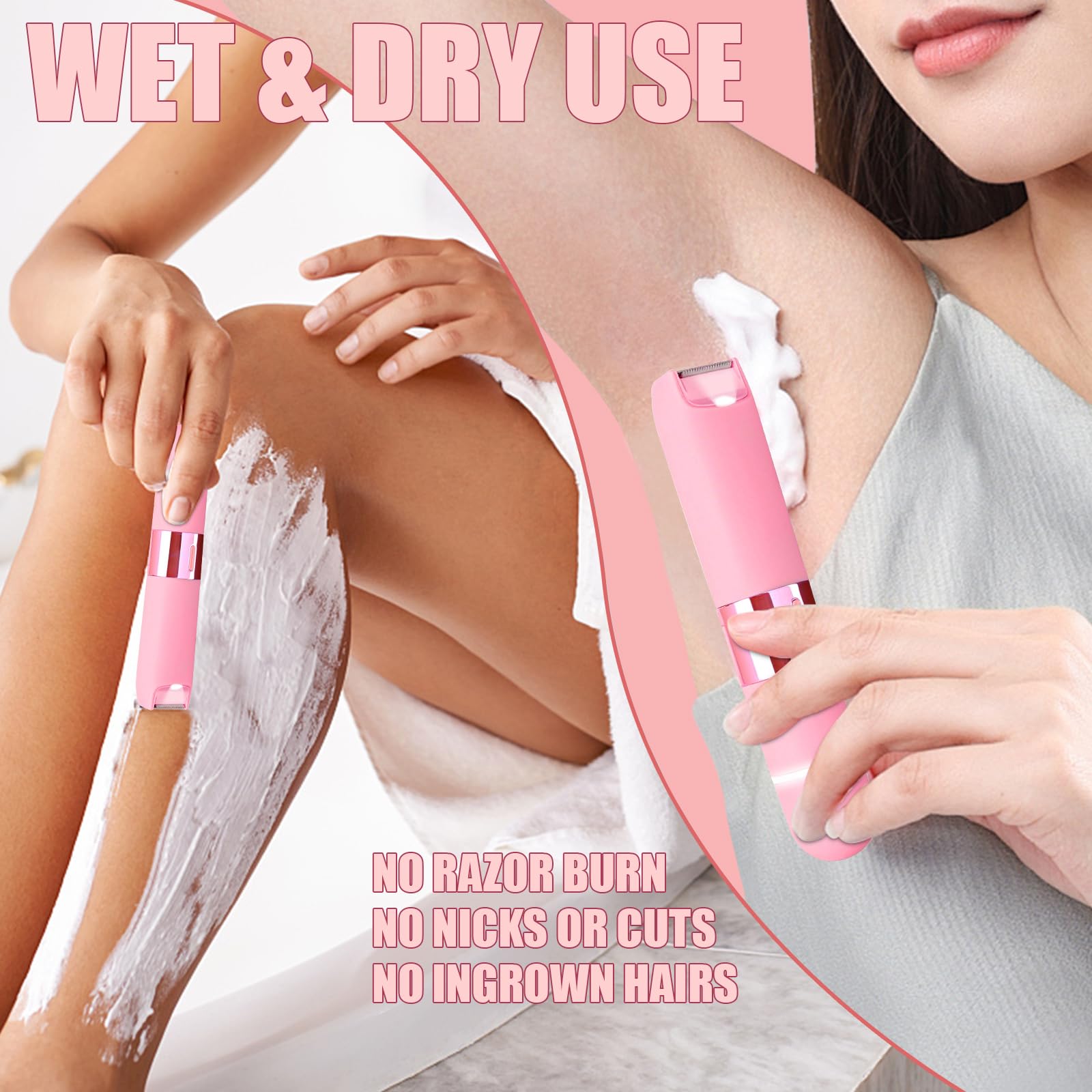 Bikini Trimmer for Women - 2 in 1 Electric Razors for Women Painless IPX7 Waterproof Rechargeable LED Dual Head Electric Shaver for Lady Bikini Underarm, Body, Leg, Face Hair Remove (Pink)