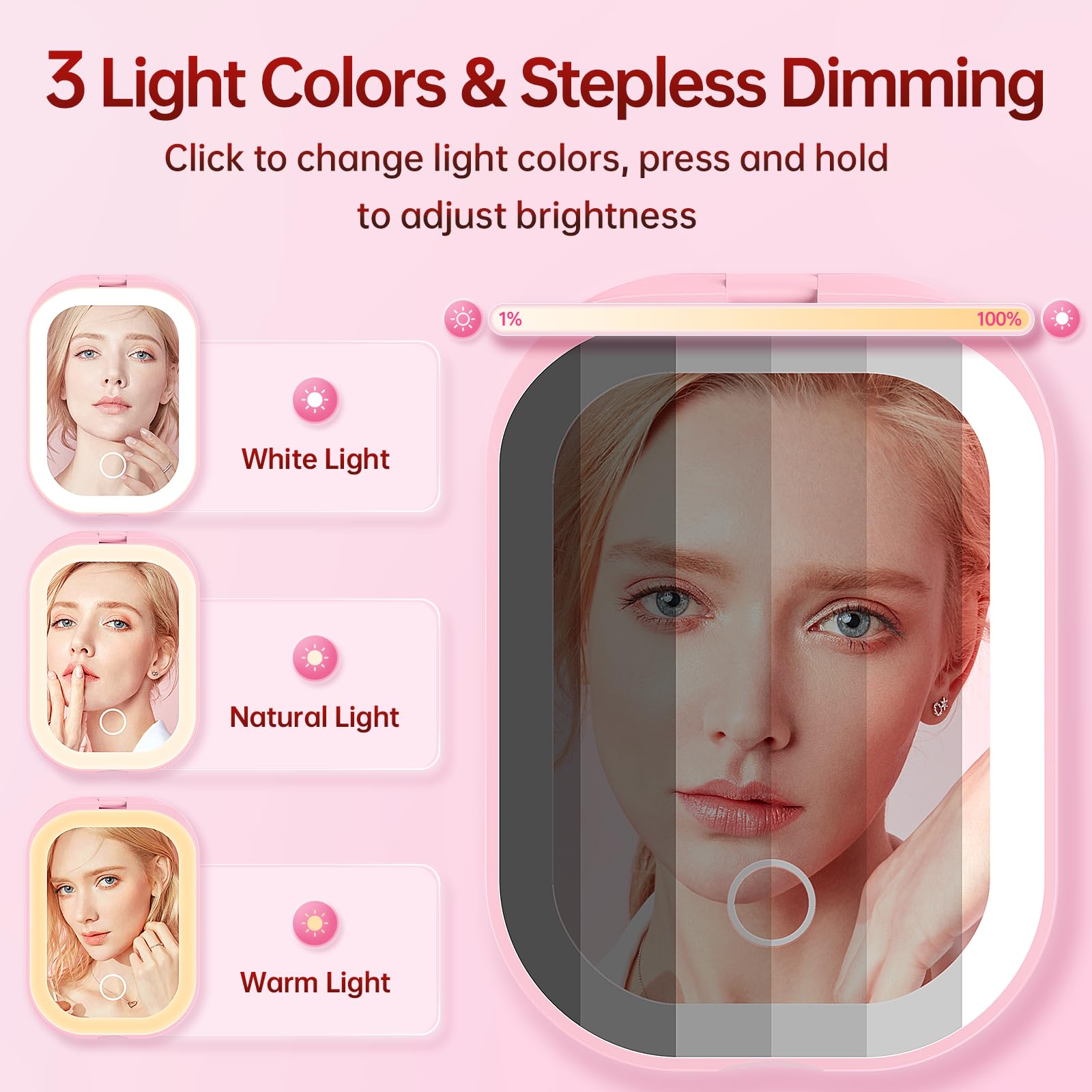 Benbilry Ultra Slim Pocket Mirror with Light, 1X/3X Magnifying LED Compact Travel Mirror with 3-Colored Dimming Lights for Purse, 2-Sided, Handheld, Folding, Portable, Light Pink