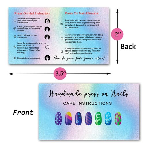Press-On Nail Application & Aftercare Instructions Cards, DIY Press-On Nail Kit 50 Pack - 2 x 3.5" Business Card Size