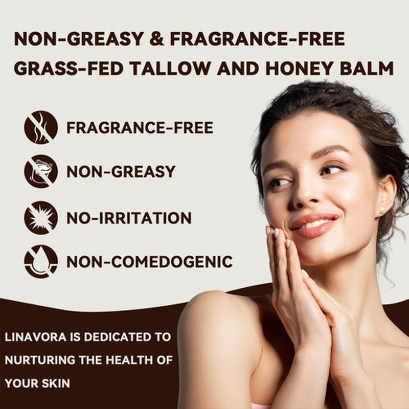 Linavora Tallow and Honey Balm – Natural Moisturizer with Grass-Fed Beef Tallow for Skin, Honey, Vitamin E – Unscented, 4oz – Ideal for Face & Body Care