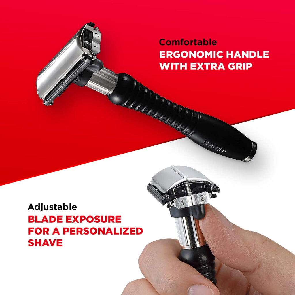 Feather Adjustable Double-Edge Safety Stainless Steel Razor - Men's Shaving Tool with 2 Shave Settings and Butterfly Opening - Double Edge Blades for Barbers & Beard Grooming - Made in Japan