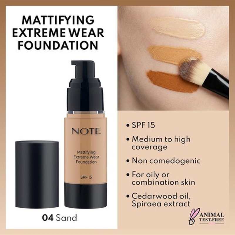NOTE Mattifying Extreme Wear Liquid Foundation SPF 15 - Full Coverage for Oily Skin - 1 oz, Shade 04