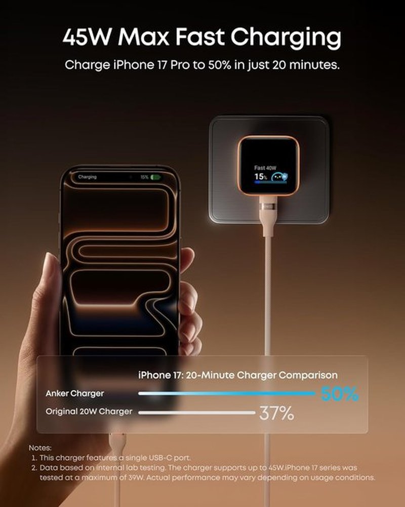 Anker 45W GaN Fast Charging USB-C Charger - 180° Foldable Plug & Smart Recognition for iPhone 17/16/15