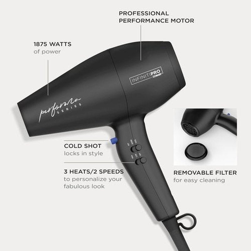 Conair Infiniti Pro Hair Dryer with Diffuser Plus 2 Other Attachments and Drawstring Storage Bag | Performa Series Hair Dryer | Blow Dryer with Professional Performance Motor | Black