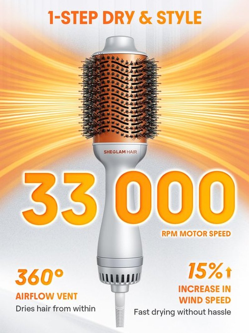 SHEGLAM 4-in-1 Hot Air Brush - Hair Dryer & Styler with 33000 RPM Motor, GLOSS PRO Coating for Shine, 3 Heat Settings, Tangle-Free Ionic Bristles for Frizz-Free Blowouts (US Plug)