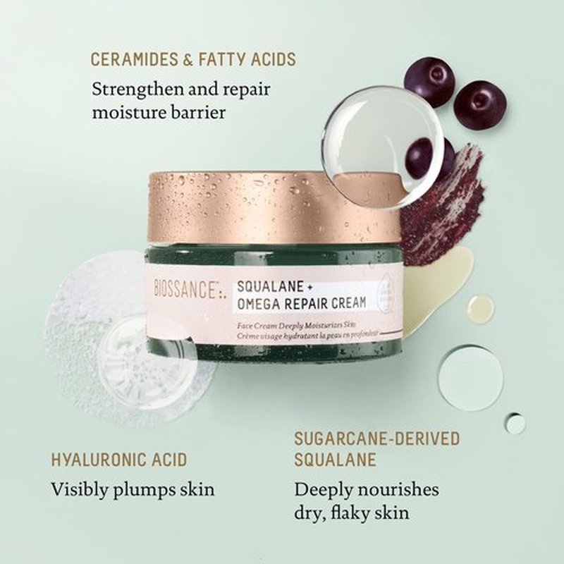 BIOSSANCE Squalane + Omega Repair Cream - Ultra-Moisturizing Face Cream - Skin Care with Hyaluronic Acid, Ceramides, Squalane - Ideal for Dry & Sensitive Skin, Intense Hydration Moisturizer - 3.38oz