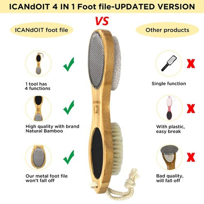 ICDI ICANdOIT Natural Bamboo Foot File Callus Remover-Multi Purpose 4 in 1 Feet Pedicure Kit with Foot Care Boar Bristle Brush,Pumice Stone,Foot Rasp,Sand Paper